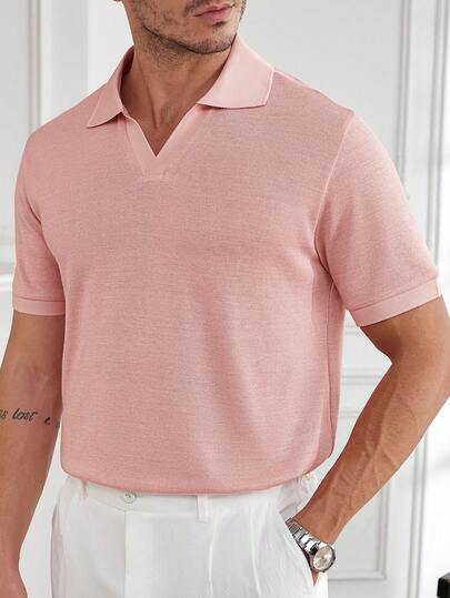 Core Aspect Men's Casual Collared Solid Color Knit Polo Shirt, Comfortable And Versatile For Business, Daily Commute And Leisure Wear,Official  Polo,Elegant  Polo,Business  Polo  Oldmoney  Casual Polo Men Knit Shirt Men Summer Polo Shirt Mens Golf Shirt,Men's Spring And Summer New Collection: Pink Knitted Short-Sleeved V-Neck Polo