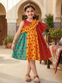 SHEIN Young Girl Floral Print Asymmetrical Ruffle Dress, Red Summer Matching Family Vacation Holiday Islamic Gift, Young Girls Casual Modest Jalabiya - Red - View 1
