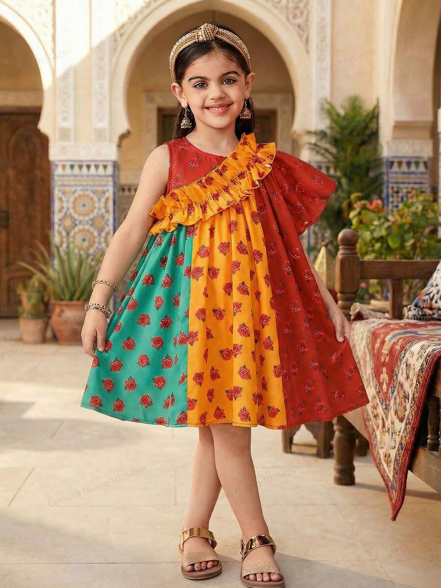 SHEIN Young Girl Floral Print Asymmetrical Ruffle Dress, Red Summer Matching Family Vacation Holiday Islamic Gift, Young Girls Casual Modest Jalabiya - Red - View 1