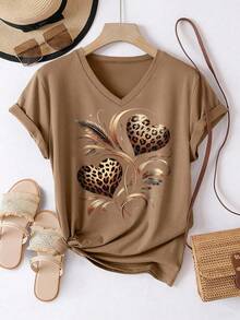 EMERY ROSE Vintage Leopard Print Heart & Feather Graphic Round Neck Short Sleeve V-Neck Casual Women T-Shirt, Summer - Khaki - View 4