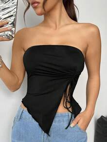 SHEIN EZwear 夏季不对称下摆单肩上衣，配有侧抽绳细节 - 黑色 - 查看 7