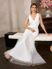 MOTF Soiréza 女士优雅无袖V领及地晚礼服及轻盈婚纱 – 花卉蕾丝和薄纱罩衫，修身剪裁，适合婚礼、晚宴等场合 - 白色 - 查看 2