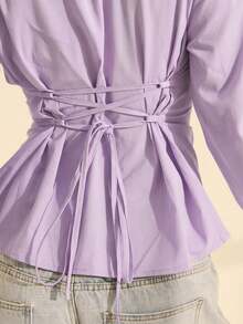 Aralina Women's Casual Solid Color Pleated Flare Sleeve Shirt, Autumn - Lilac Purple - View 3
