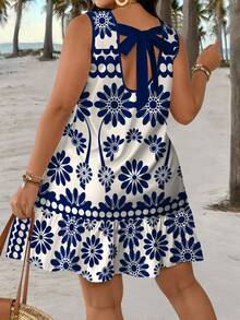 Veykashi Plus Size Elegant Geometric Floral & Ocean Color Print Dress, Suitable For Vacation Carnival - Multicolor - View 4