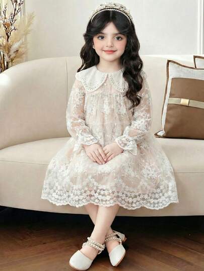 LMoss Kids LMoss Girls' Solid Color Chiffon Puff Collar Slim-Fit Casual Lace Dress, Suitable For Spring And Summer Wear,فستان,فستان دانتيل,White Dress,فستان بنات