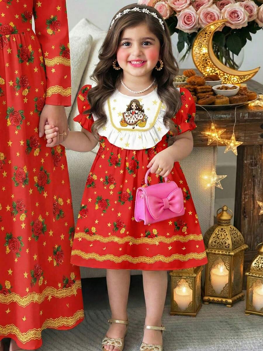 SHEIN Đầm công chúa kiểu dáng vintage dễ thương với họa tiết ngôi sao và hoa hồng, thích hợp cho bé gái mặc thường ngày vào mùa xuân/hè. - Nhiều màu - Xem 1