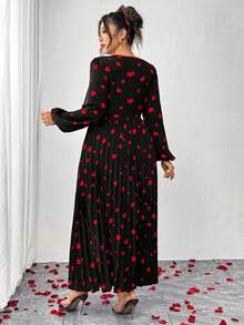Elenzga Plus Size Black And Red Heart Print Dress,Elegant Square Neck Lantern Sleeve Pleated Autumn Wedding Outfits For Women,Valentine's Day Church Dress - Black - View 2