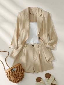 SHEIN Franclia Women's Printed Dress, Women's Summer New Arrivals, Simple Dress, Summer Dress, Women's Digital Print Dress, Women's Romantic Vacation Maxi Dress, Women's Elegant Vacation Dress, V-Neck Red Collar Dress, Women's Versatile And Stylish Belt Dress, Elegant And Casual Wrap-Style Mid-Length Dress With An A-Line Silhouette, Summer Beach Dress With A Touch Of Evening Atmosphere. - Apricot - View 6