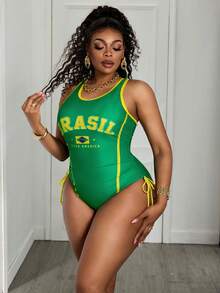 Slaydiva Plus Size Women's Backless Halter One-Piece Swimsuit With Drawstring Side And American Flag Print, Suitable For Beach Vacation - Green - View 3