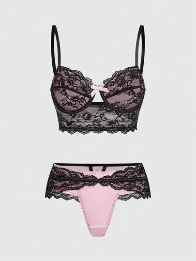 ROMWE Kawaii ヴィンテージレトロ宮殿クラシックセクシーレースパッド入りブラ&ショーツランジェリーセット