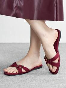 CUCCOO BIZCHIC 女士时尚酒红色绒面革系带凉鞋，金色搭扣 - 时尚露趾平底凉鞋，适合休闲和日常穿着 - 酒紅色 - 查看 6