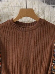 SHEIN Tall CURVE Sukienka damska plus size z kwiatowym patchworkiem i okrągłym dekoltem, z długim rękawem i swobodną konstrukcją - Wielokolorowe - Zobacz 8