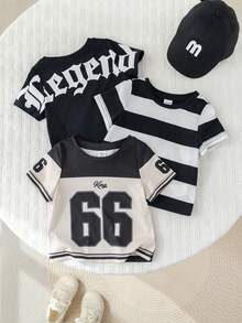 SHEIN 3件套男女宝宝休闲撞色短袖T恤针织上衣套装，春夏宝宝服装，街头风 - 黑色 - 查看 3