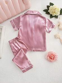 女婴淡紫色和香槟色纯色短袖长裤休闲舒适两件套睡衣，春夏款 - 藕粉色 - 查看 2