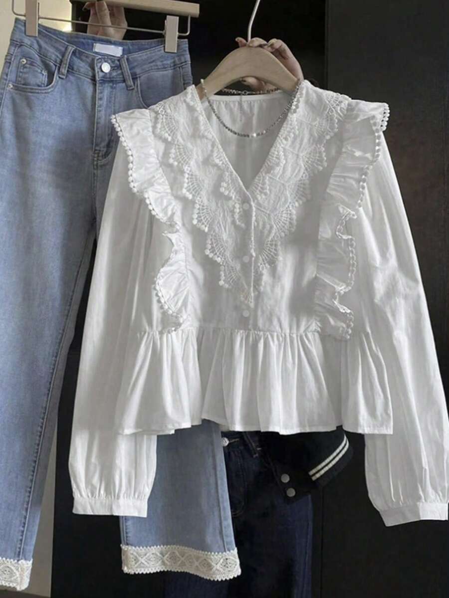 Teen Girls White Casual Sweet Lace Patchwork Ruffle Trim Long Sleeve Blouse White Long Sleeve Top Ruffle Lace White Top Blouses For Teen Girls - White - View 1
