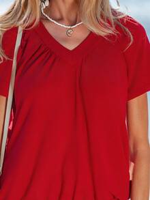 Sylviya Solid V Neck Raglan Sleeve Tee,Vacation - Red - View 6