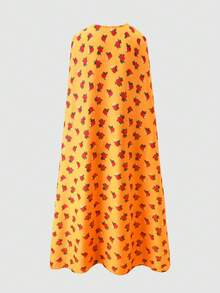 SHEIN Conjunto informal de 2 piezas para adolescentes con bata de flores diminutas amarillas y blancas con ribete de contraste, cintura ceñida y abertura, para vacaciones - Naranja - Ver 2