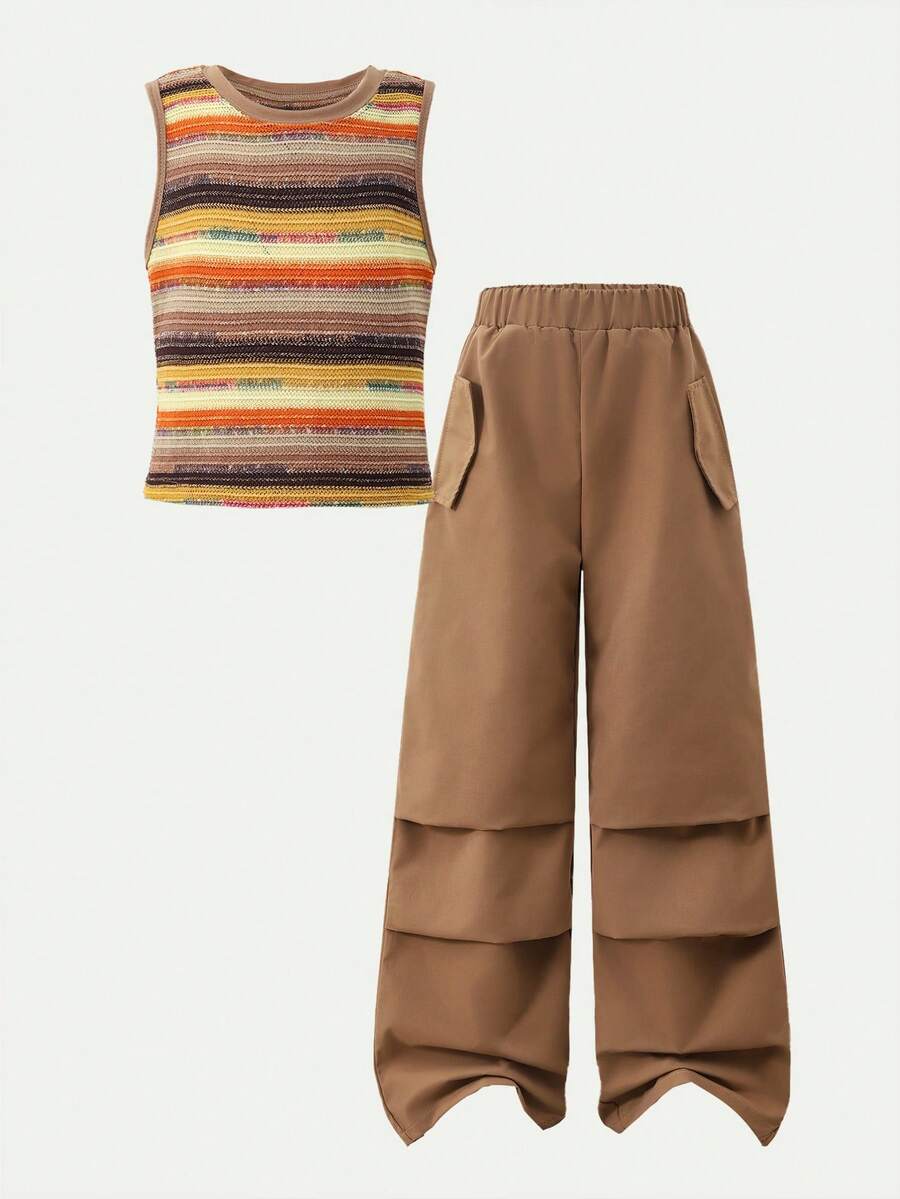 Bộ trang phục thường ngày cho bé gái tuổi teen: Áo tank top cổ tròn kẻ sọc và quần ống rộng. - Cà phê nâu - Xem 1