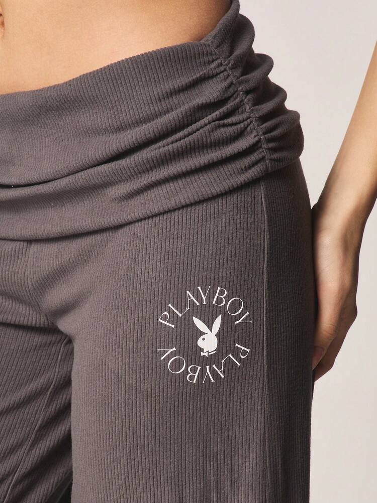 Missguided x Playboy Ribbed Knit Crop Top And Wide Leg Trouser Lounge Set With Bunny Logo Casual Comfort Coordinating Outfit