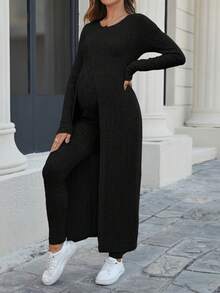 SHEIN Bộ đồ bầu 2 món: Áo dài tay cổ tròn xẻ tà màu trơn và quần dài bo gân. - màu đen - Xem 4