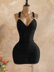 Soleia 女士纯色露背吊带性感无袖迷你连衣裙 - 黑色 - 查看 3