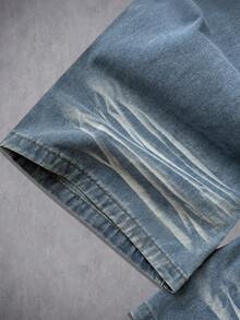 Manfinity ZONE917 Quần jeans ống rộng nam kiểu American Vintage màu xanh nhạt bạc màu, in họa tiết kỹ thuật số, rách rưới. - Màu xanh lam - Xem 6