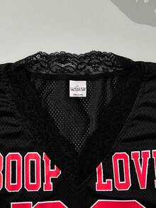 Betty Boop x SHEIN Women's Casual Fashion Street Cartoon Number & Letter Graphic Lace Patchwork V-Neck Mesh Breathable Cropped T-Shirt, Summer - Black - View 4