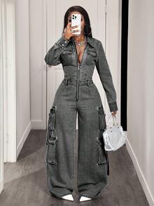 BamGleam Women's Casual Everyday Zip-Up Denim Jumpsuit - Grey - View 6