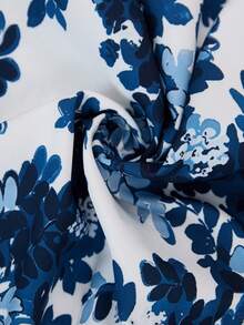 SHEIN Clasi 优雅女士纯色纹理褶皱上衣和花朵阔腿裤套装 - 藍色 - 查看 8