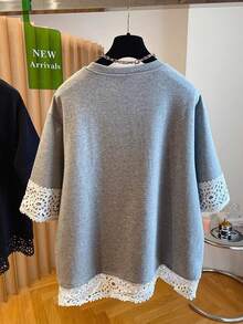 Airaco 大码女式宽松休闲蕾丝拼接短袖圆领T恤 - 灰色 - 查看 2