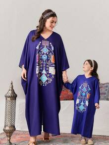 SHEIN Young Girl's Loose Fit V-Neck Batwing Sleeve Printed Dress For Summer - Blue - View 1