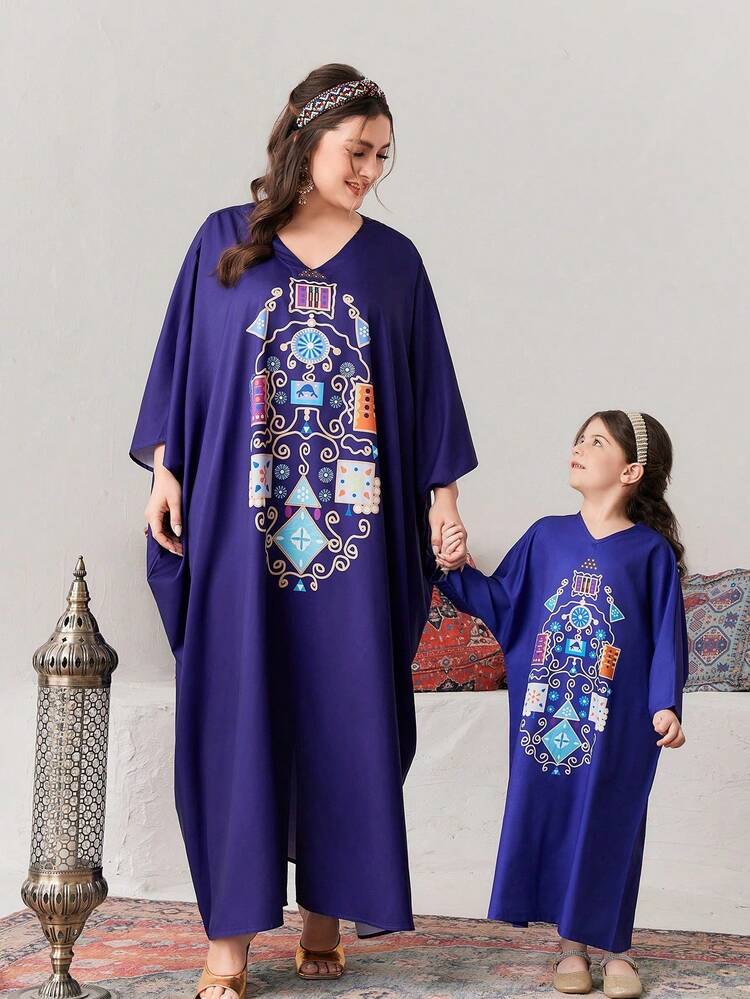 Young Girl's Loose Fit V-Neck Batwing Sleeve Printed Dress For Summer