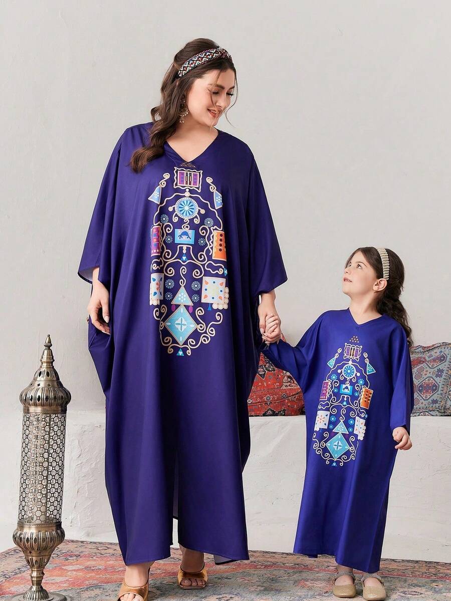 SHEIN Young Girl's Loose Fit V-Neck Batwing Sleeve Printed Dress For Summer - Blue - View 1