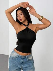 SHEIN PETITE 女士纯色金属装饰时尚修身露背吊带上衣，适合音乐会、夏季假期、节日派对等场合，性感露脐上衣 - 黑色 - 查看 7