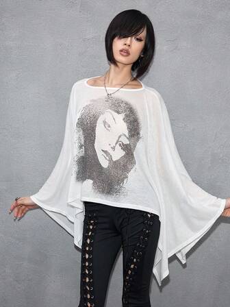 J-Fashion Camiseta gráfica relajada vintage con estampado de retrato para mujer