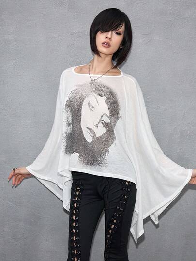 ROMWE J-Fashion Vintage Relaxed Graphic Tee With Portrait Print For Women