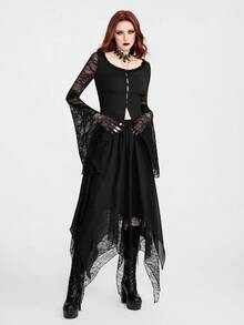 Breakform Áo cardigan ngắn tay dài, cài cúc, cổ ren phối màu trơn, chất liệu vải dệt kim, dành cho nữ, kiểu dáng thanh lịch Gothic, có khuy cài, tay áo loe và cổ tay áo ôm sát. - màu đen - Xem 6