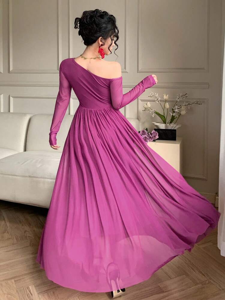 Women's Elegant Solid Color Asymmetric Neck Ruched Long Dress, Spring/Summer Wedding Guest Dress Sundress