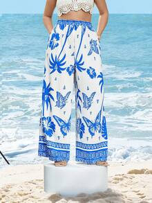 Swim Lushoire Plus Size Women Loose Tropical Plant Print Long Casual Beach Pants - Blue - View 3