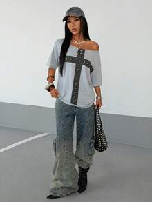 StreetHx Casual Versatile Grey Cross Rivet Pattern Loose Fit Crew Neck Short Sleeve T-Shirt, Spring/Autumn Studded Top - Light Grey - View 2