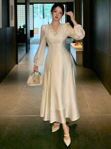 DAZY Women's Elegant Solid Color Lace Patchwork Puff Sleeve Long Dress, Spring/Summer Wedding Guest Dress Sundress - Beige - View 7
