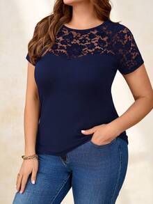 Reflora Plus Size Elegant Round Neck Contrast Lace T-Shirt - Navy Blue - View 3