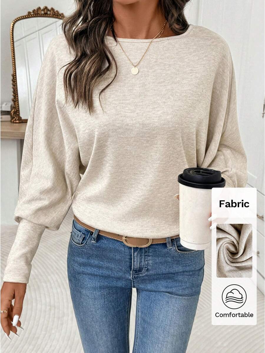 Editum 女士优雅圆领杏色柔和色长袖T恤，适合日常穿着和多种场合，秋冬季 - 卡其色 - 查看 1