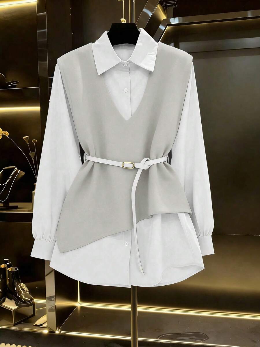 Franclia 2025秋季新品上市：女士二合一夹克衬衫套装，采用巧妙的不对称剪裁、精致的纽扣装饰和可调节腰带，流畅的线条勾勒出纤细的身形，适合办公室通勤、休闲周末和日常外出等各种场合。 - 杏色 - 查看 1