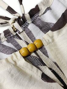 Selianne Women's Elegant Casual Beige Base With Brown Design Linen Fabric Halter Beaded Design Waist Bow Tie Design Jumpsuit, Spring/Summer - Multicolor - View 6