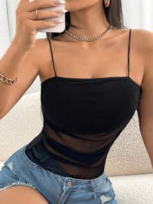 SHEIN PETITE YK2 “辣妹”性感网纱镂空无肩带吊带背心，适合夜店和海滩度假穿着 - 黑色 - 查看 4