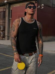 DAZY 街头风修身男士背心，黑白滚边字母刺绣设计，夏季款 - 黑色 - 查看 3