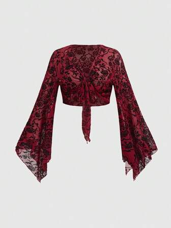 Fairycore Modisches Top für Damen in Große Größen mit Blumenmuster, Knotendetail und Glockenärmeln