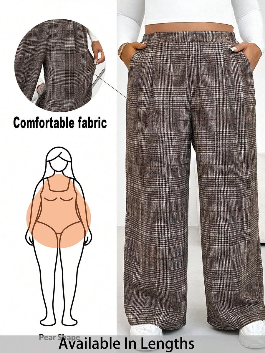 SHEIN PETITE CURVE Plus Size Casual Plaid Straight Leg Pants Curve Pants, Daily Life, Commuting, Parties, Graduation, Office, Dating, Spring, Going Out, Casual For Women - Multicolor - View 1