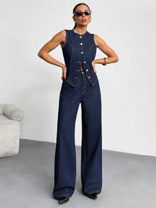 SHEIN 100% Cotton Women's Denim Dark Wash Vest & Pants Two Pieces Outfits - Dark Wash - View 3